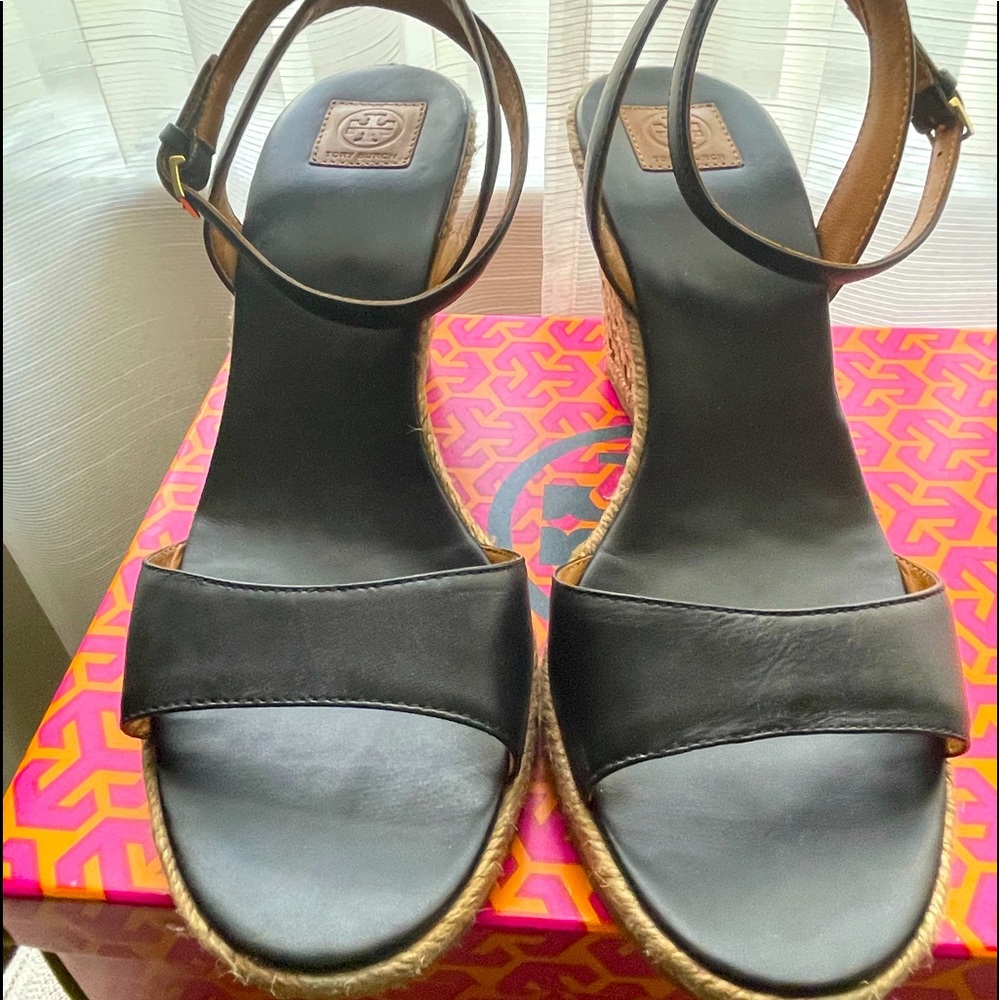 Tory Burch Landon Wedge Espadrilles (Black Lthr)